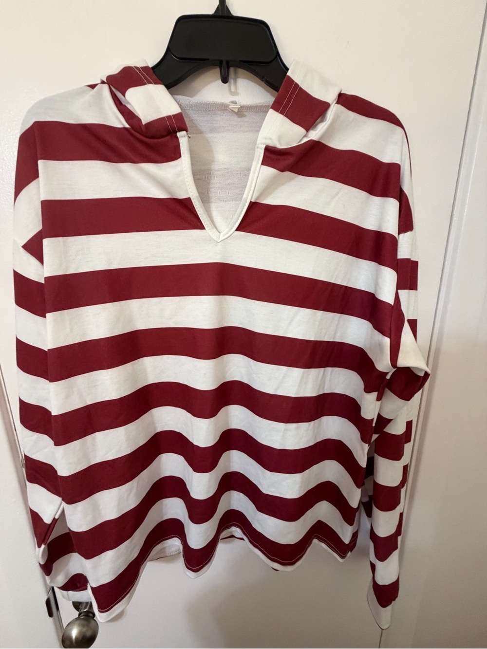 SHEIN Red and White Striped Hooded V-Neck Pullover